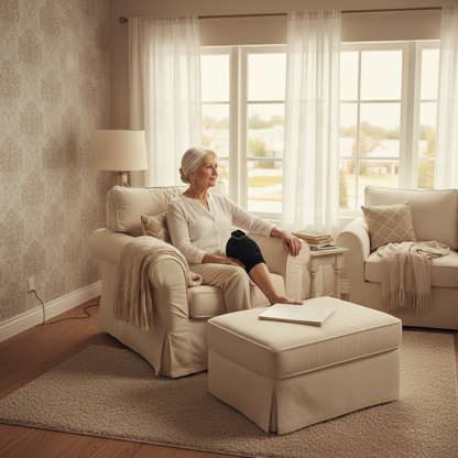 Ældre kvinde med knæbind i stuen – 1:1