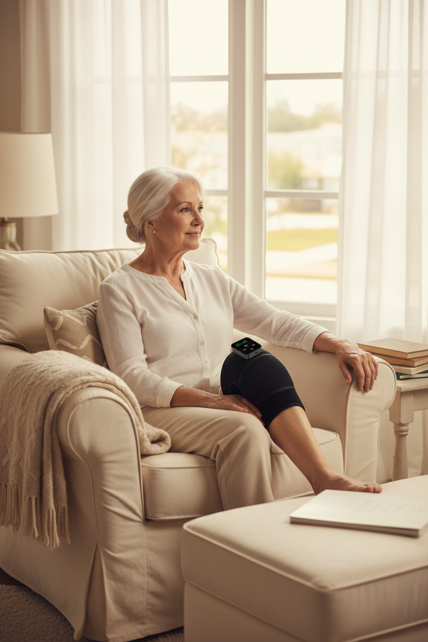 Ældre kvinde med knæbind og korrekt styreenhed i soveværelset