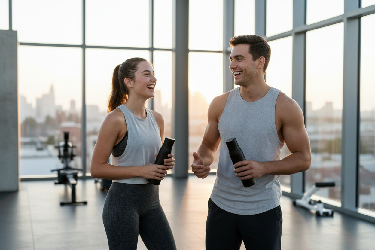 Mand og kvinde taler sammen i gym