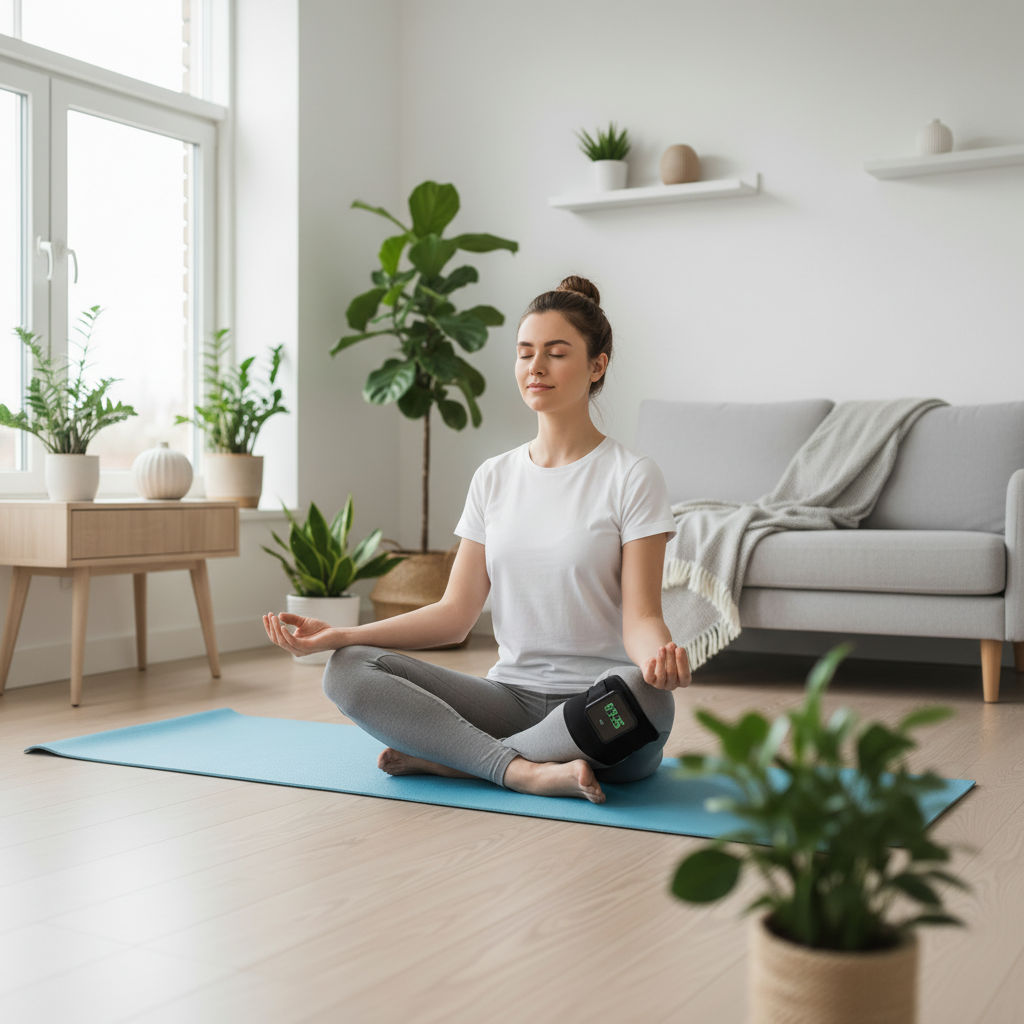 Ung kvinde med knæbind mediterer – 1:1