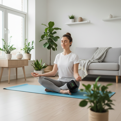 Ung kvinde med knæbind mediterer – 1:1