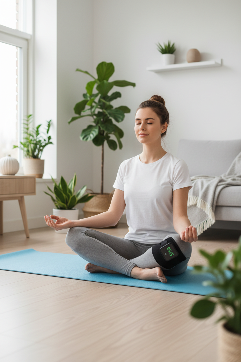 Ung kvinde med knæbind mediterer