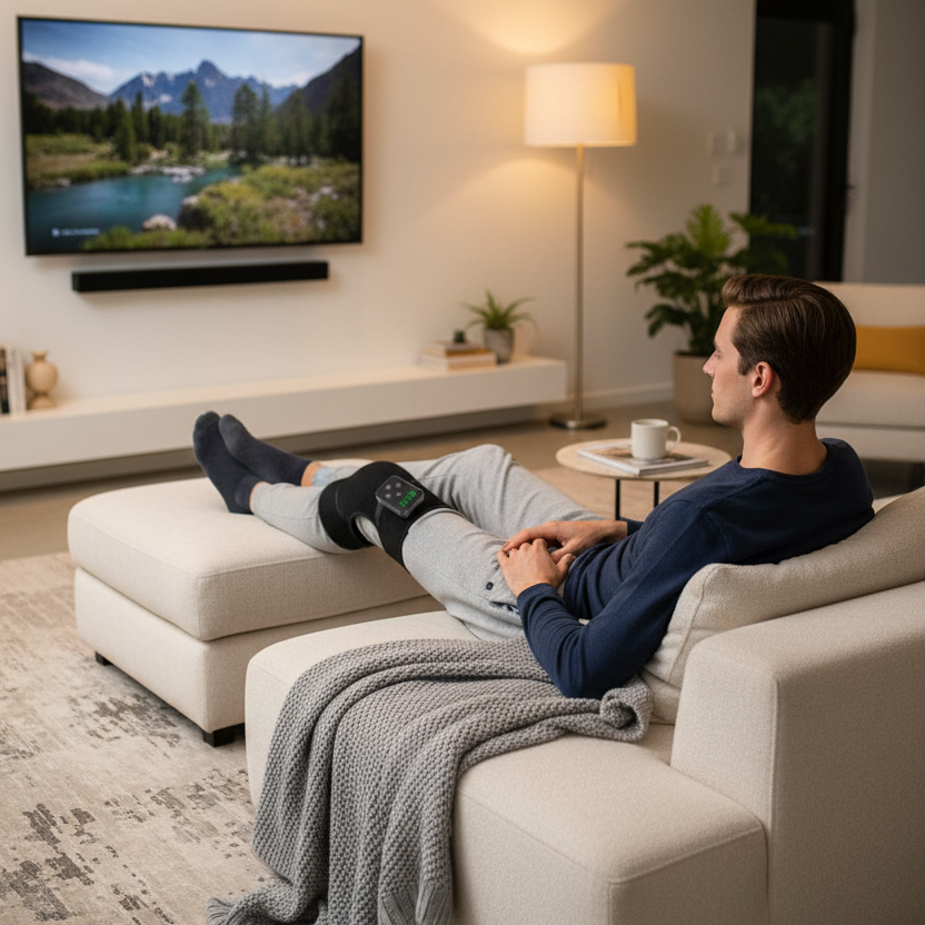 Ung mand med knæbind i sofa